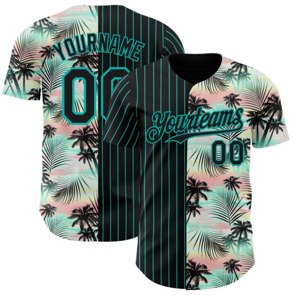 Custom Black Aqua 3D Pattern Design Pinstripe Tropical Palm Leaves Authentic Baseball Jersey