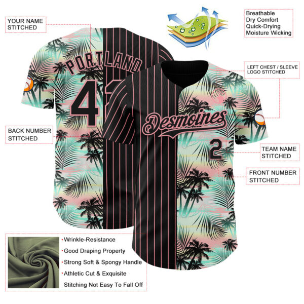 Custom Black Medium Pink 3D Pattern Design Pinstripe Tropical Palm Leaves Authentic Baseball Jersey