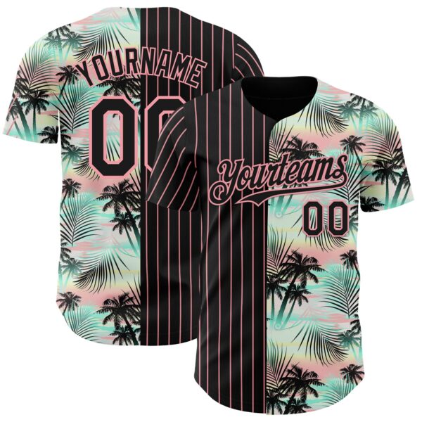 Custom Black Medium Pink 3D Pattern Design Pinstripe Tropical Palm Leaves Authentic Baseball Jersey
