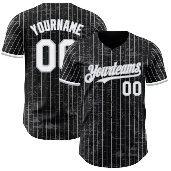 Custom Black Gray Pinstripe White 3D Pattern Design Fragment Art Authentic Baseball Jersey