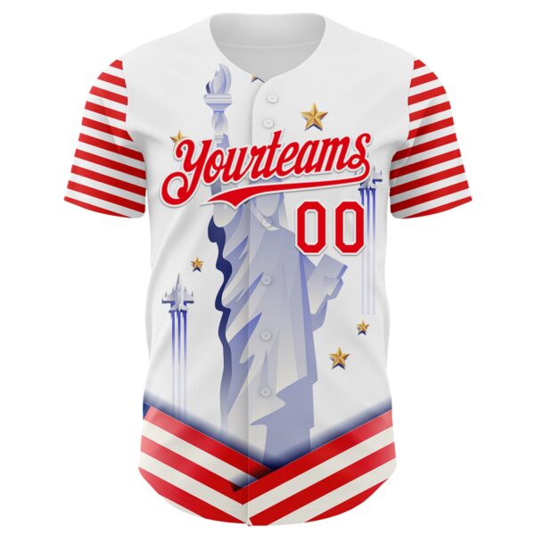 Custom White Fire Red 3D Patriotic American Flag And Statue of Liberty Authentic Baseball Jersey