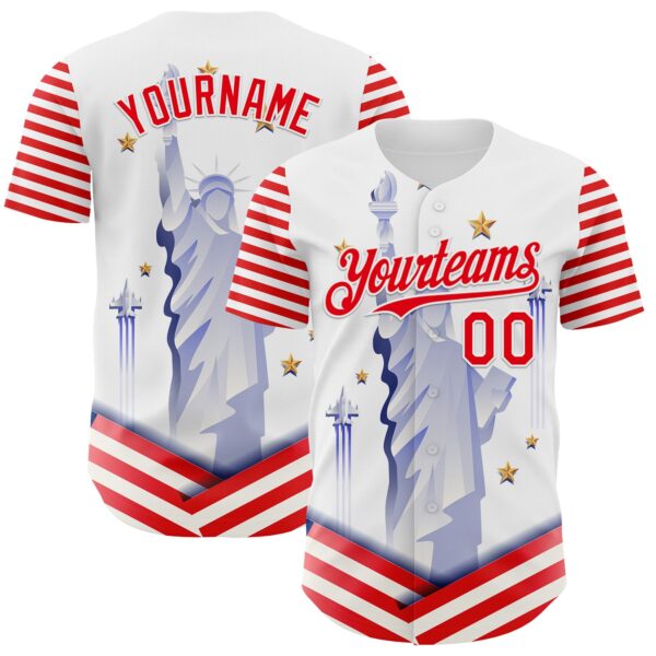 Custom White Fire Red 3D Patriotic American Flag And Statue of Liberty Authentic Baseball Jersey