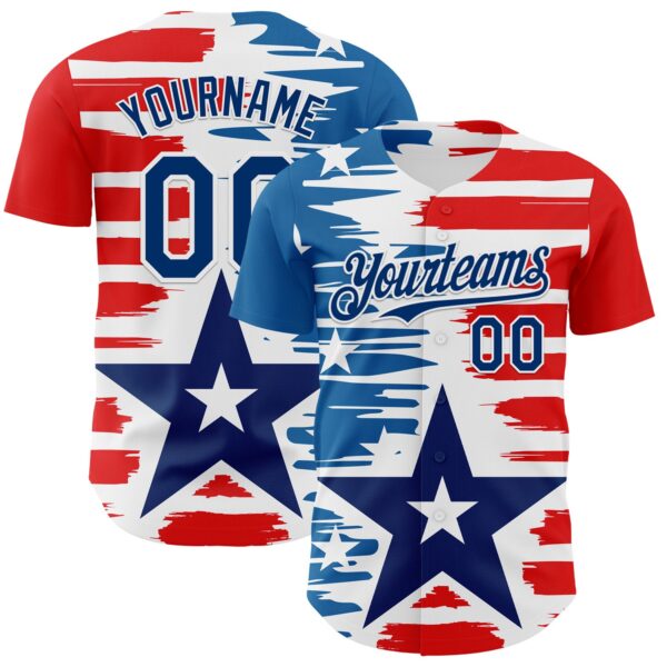 Custom White US Navy Blue-Red 3D Patriotic American Flag Authentic Baseball Jersey