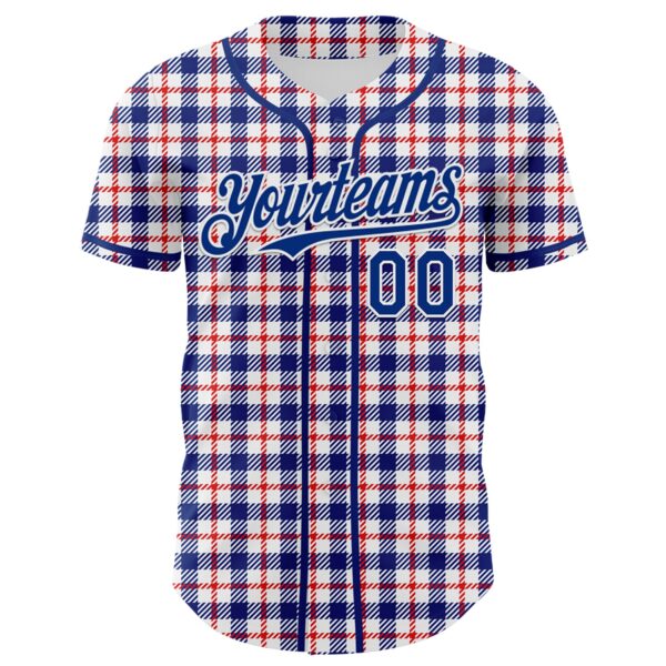 Custom White Royal-Red 3D Pattern Design Patriotic American Symbol Plaid Authentic Baseball Jersey