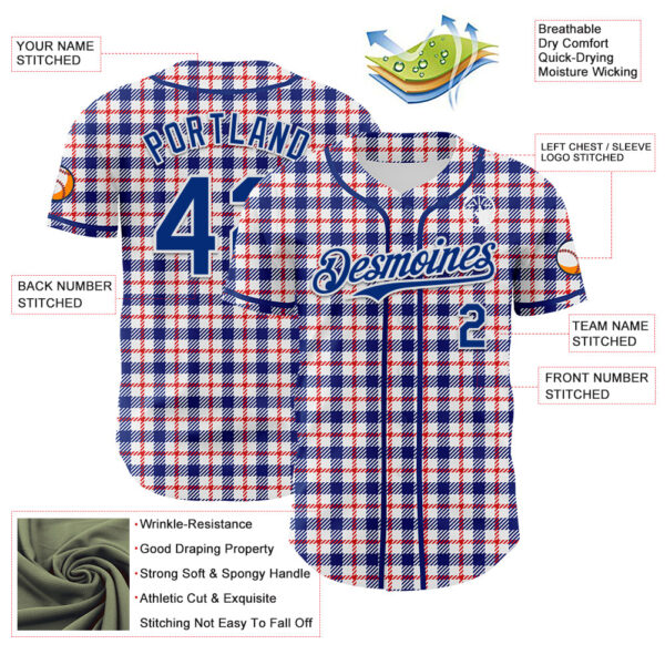 Custom White Royal-Red 3D Pattern Design Patriotic American Symbol Plaid Authentic Baseball Jersey