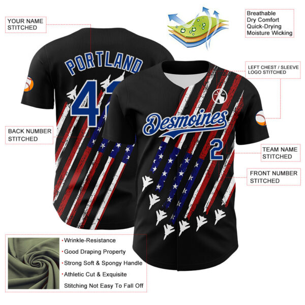 Custom Black Royal Red-White 3D Patriotic American Flag Authentic Baseball Jersey