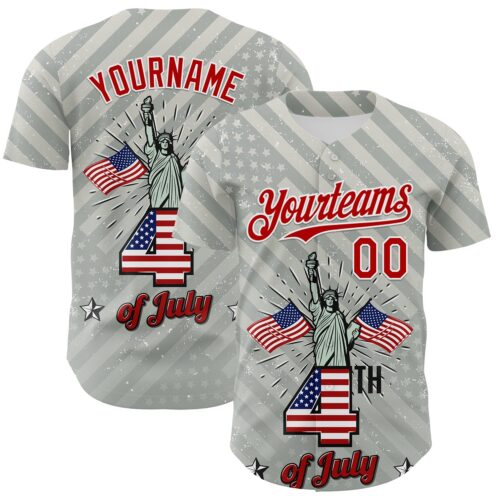Custom Gray Red-White 3D Patriotic American Flag And Statue of Liberty Authentic Baseball Jersey