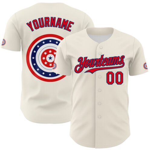 3DPattern7500 Custom Cream Fire Red-US Navy Blue 3D Patriotic American Flag Authentic Baseball Jersey