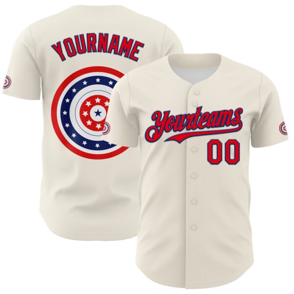Custom Cream Fire Red-US Navy Blue 3D Patriotic American Flag Authentic Baseball Jersey