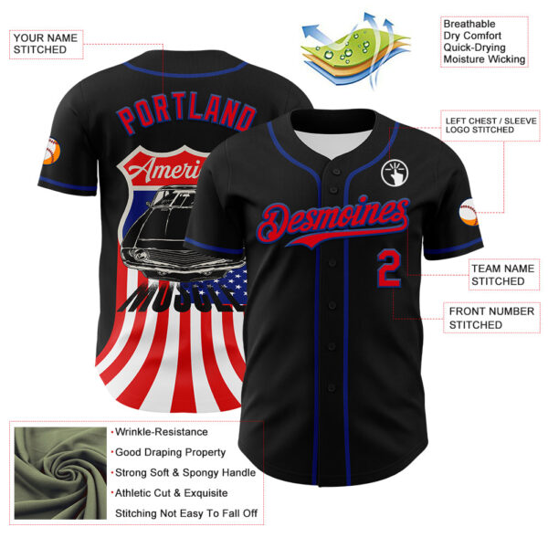 Custom Black Fire Red-Royal 3D Patriotic American Flag And Muscle Car Authentic Baseball Jersey