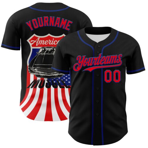 3DPattern7501 Custom Black Fire Red-Royal 3D Patriotic American Flag And Muscle Car Authentic Baseball Jersey