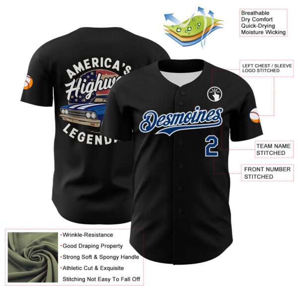 Custom Black US Navy Blue-White 3D Patriotic American Flag And Muscle Car Authentic Baseball Jersey