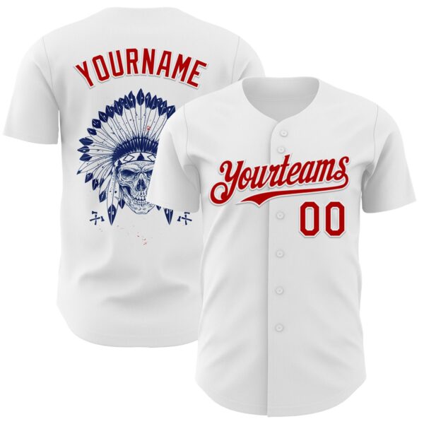 Custom White Red 3D Native American Skull Authentic Baseball Jersey
