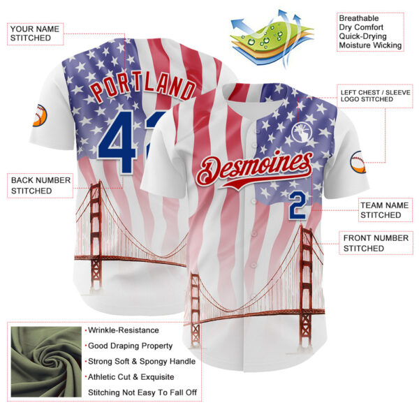 Custom White Royal-Red 3D Patriotic American Flag And Golden Gate Bridge Authentic Baseball Jersey