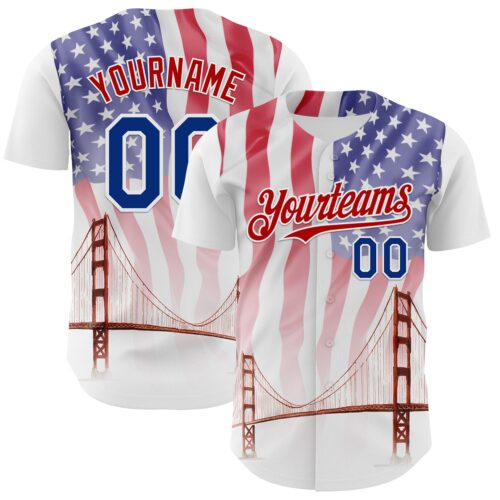 3DPattern7510 Custom White Royal-Red 3D Patriotic American Flag And Golden Gate Bridge Authentic Baseball Jersey