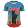 Custom Blue Fire Red-White 3D Pattern Design Patriotic American Symbol Golden Gate Bridge And Statue of Liberty Authentic Baseball Jersey