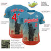 Custom Blue Fire Red-White 3D Pattern Design Patriotic American Symbol Golden Gate Bridge And Statue of Liberty Authentic Baseball Jersey