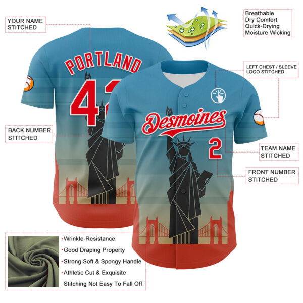 Custom Blue Fire Red-White 3D Pattern Design Patriotic American Symbol Golden Gate Bridge And Statue of Liberty Authentic Baseball Jersey