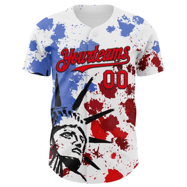 Custom White Fire Red-Black 3D Patriotic American Flag And Splatter Statue of Liberty Authentic Baseball Jersey