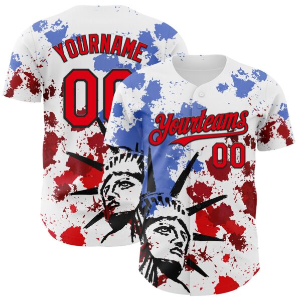 Custom White Fire Red-Black 3D Patriotic American Flag And Splatter Statue of Liberty Authentic Baseball Jersey
