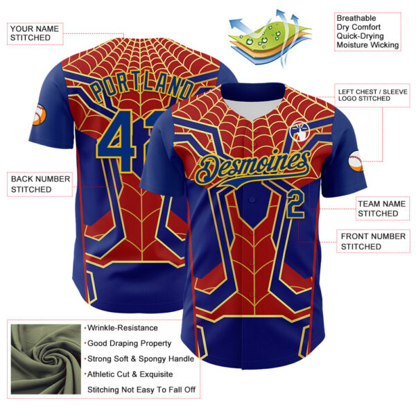 Custom Royal Yellow 3D Pattern Design Superhero Spiderman Authentic Baseball Jersey