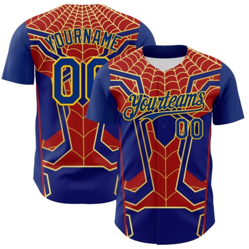 Custom Royal Yellow 3D Pattern Design Superhero Spiderman Authentic Baseball Jersey