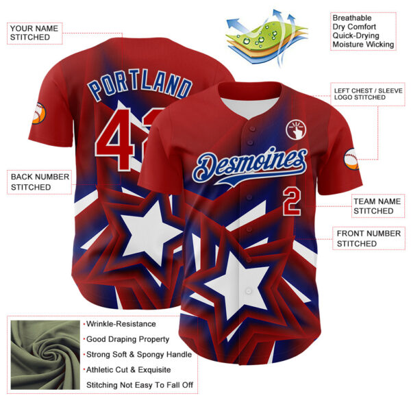 Custom Red Royal-White 3D Patriotic American Flag And Star Authentic Baseball Jersey