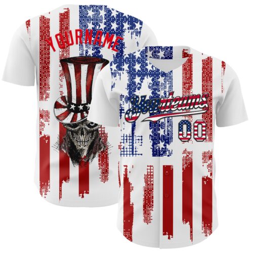 3DPattern7519 Custom White USA Flag Fire Red-Black 3D Patriotic Skull Authentic Baseball Jersey