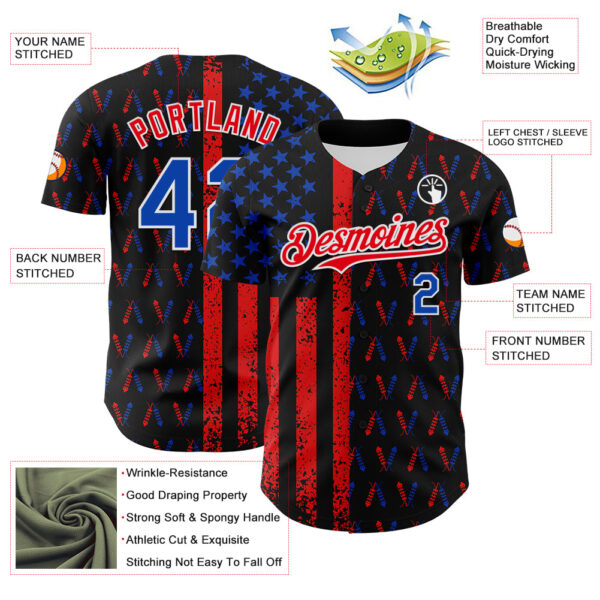 Custom Black Thunder Blue Fire Red-White 3D Patriotic American Flag Authentic Baseball Jersey