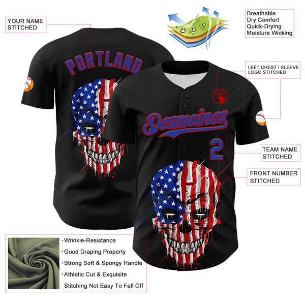 Custom Black Thunder Blue-Red 3D Patriotic Skull American Flag Authentic Baseball Jersey