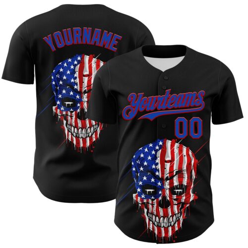 3DPattern7525 Custom Black Thunder Blue-Red 3D Patriotic Skull American Flag Authentic Baseball Jersey