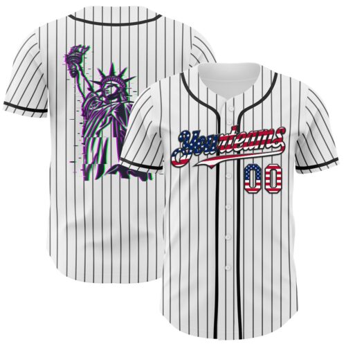 3DPattern7526 Custom White Gray Pinstripe USA Flag-Black 3D Patriotic American Symbol Statue of Liberty Authentic Baseball Jersey