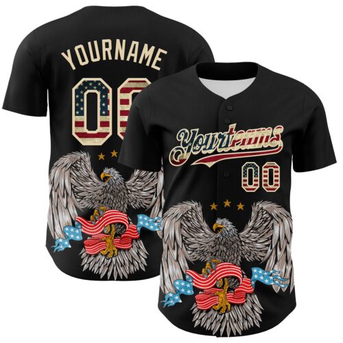 3DPattern7532 Custom Black Vintage USA Flag-Cream 3D Patriotic American Symbol Eagle Authentic Baseball Jersey