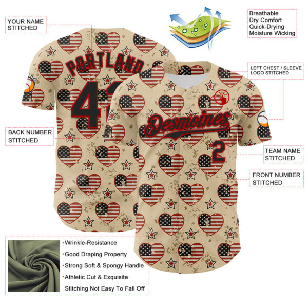 Custom City Cream Black-Red 3D Patriotic American Flag Authentic Baseball Jersey
