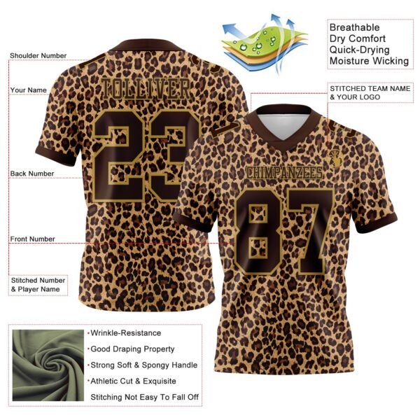 Custom Brown Old Gold 3D Pattern Leopard Print Authentic Football Jersey