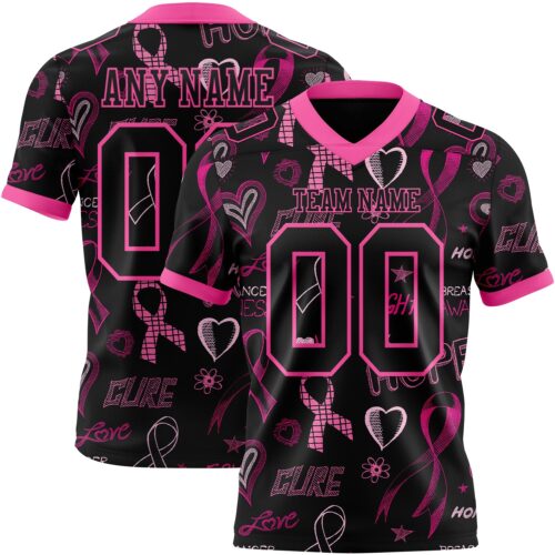 Custom Black Pink 3D Pattern Pink Ribbon Breast Cancer Awareness Month Women Health Care Support Authentic Football Jersey