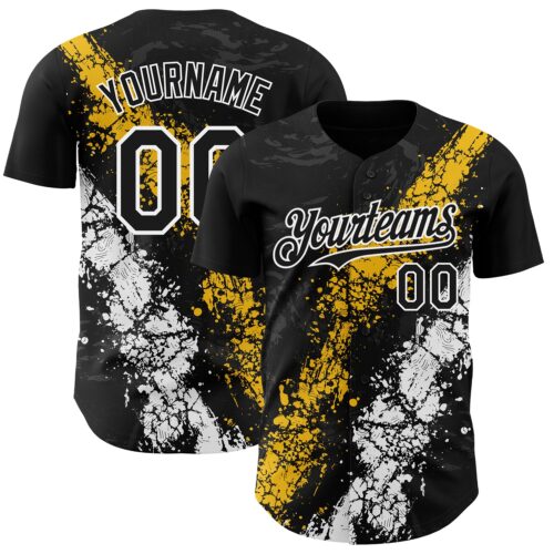 Custom Black Yellow-White Splash Authentic Baseball Jersey