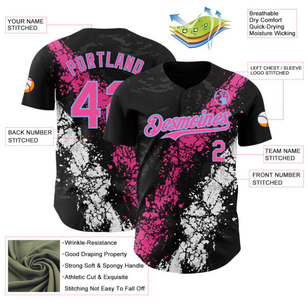 Custom Black Pink Light Blue-White Splash Authentic Baseball Jersey