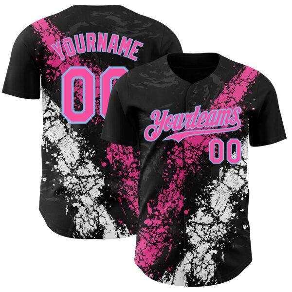 Custom Black Pink Light Blue-White Splash Authentic Baseball Jersey