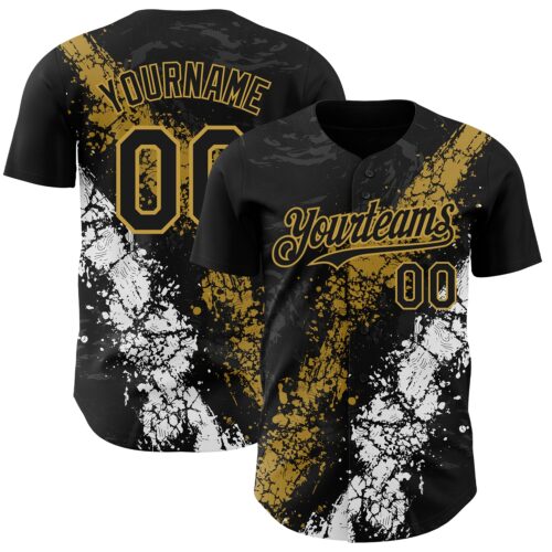 Custom Black Old Gold-White Splash Authentic Baseball Jersey