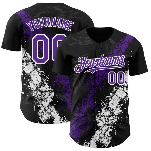 Custom Black Purple-White Splash Authentic Baseball Jersey