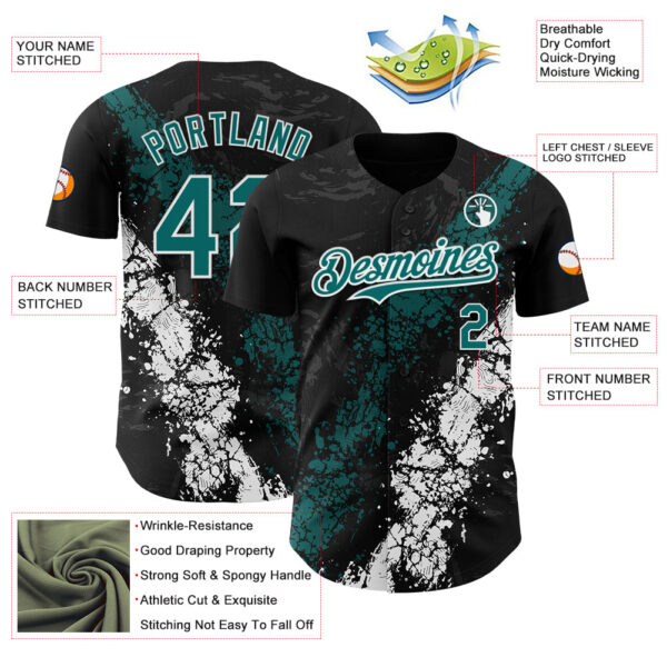 Custom Black Teal-White Splash Authentic Baseball Jersey