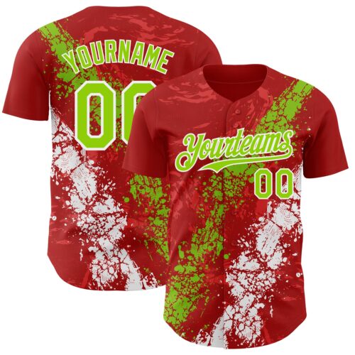 Custom Red Neon Green-White Splash Authentic Baseball Jersey