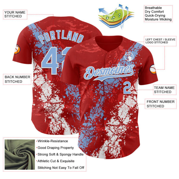Custom Red Light Blue-White Splash Authentic Baseball Jersey