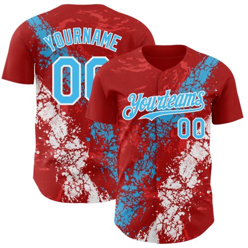 3DPattern7847 Custom Red Sky Blue-White Splash Authentic Baseball Jersey