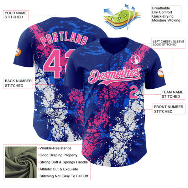 Custom Royal Pink-White Splash Authentic Baseball Jersey