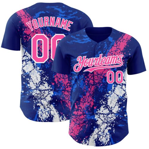 Custom Royal Pink-White Splash Authentic Baseball Jersey