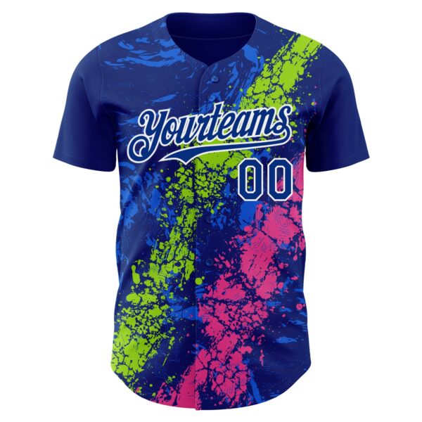 Custom Royal Neon Green Pink-White Splash Authentic Baseball Jersey