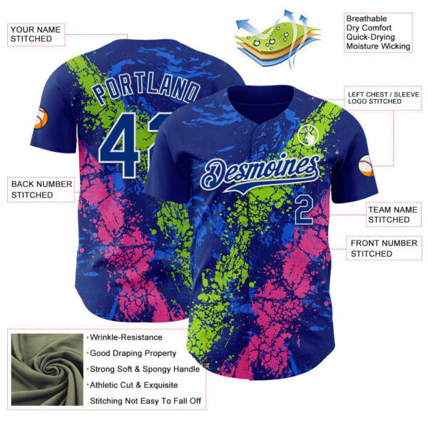 Custom Royal Neon Green Pink-White Splash Authentic Baseball Jersey