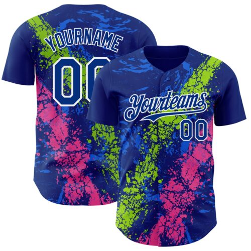 Custom Royal Neon Green Pink-White Splash Authentic Baseball Jersey